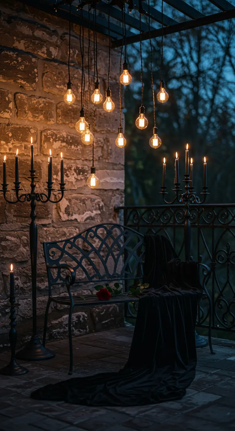 A stone patio with a wrought-iron bench, draped black velvet, and tall black candelabras.
