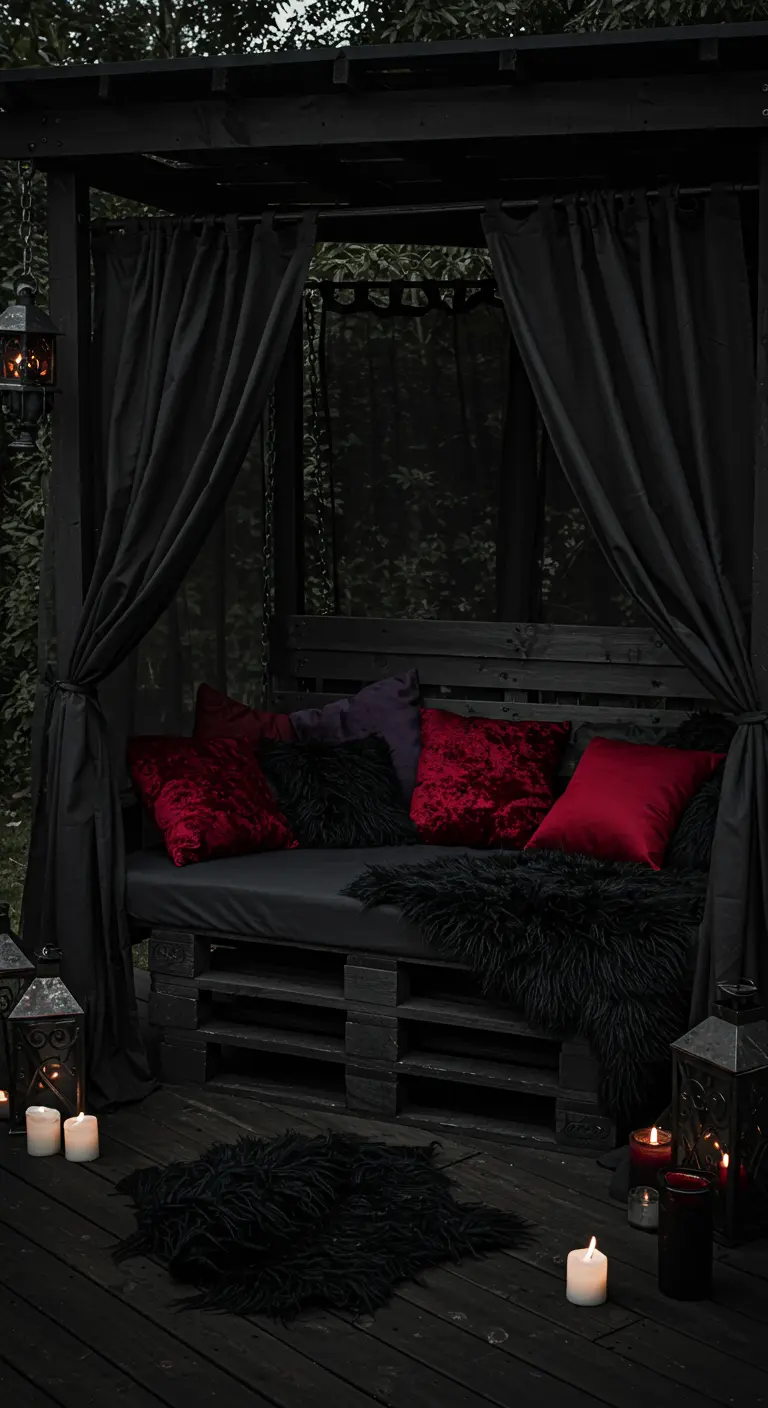 All-black pallet canopy bed with red velvet pillows and gothic lanterns.