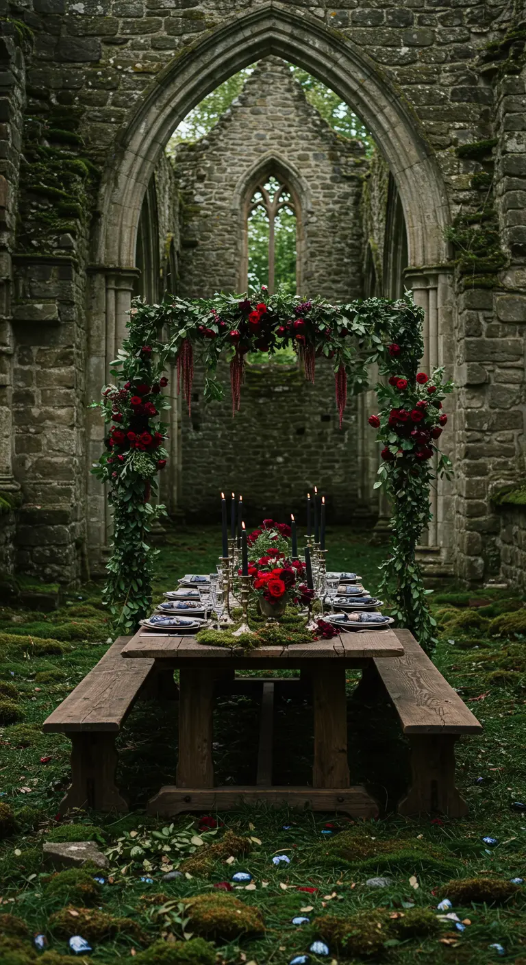 Moody tablescape in stone ruins with a red floral arch.