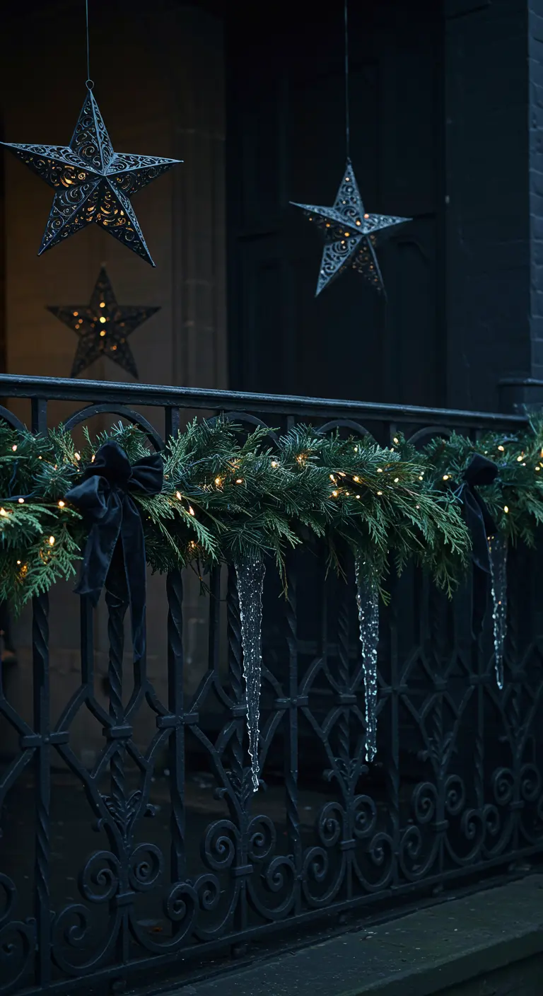 An ornate black iron railing with a dark green garland, black bows, and hanging icicles.