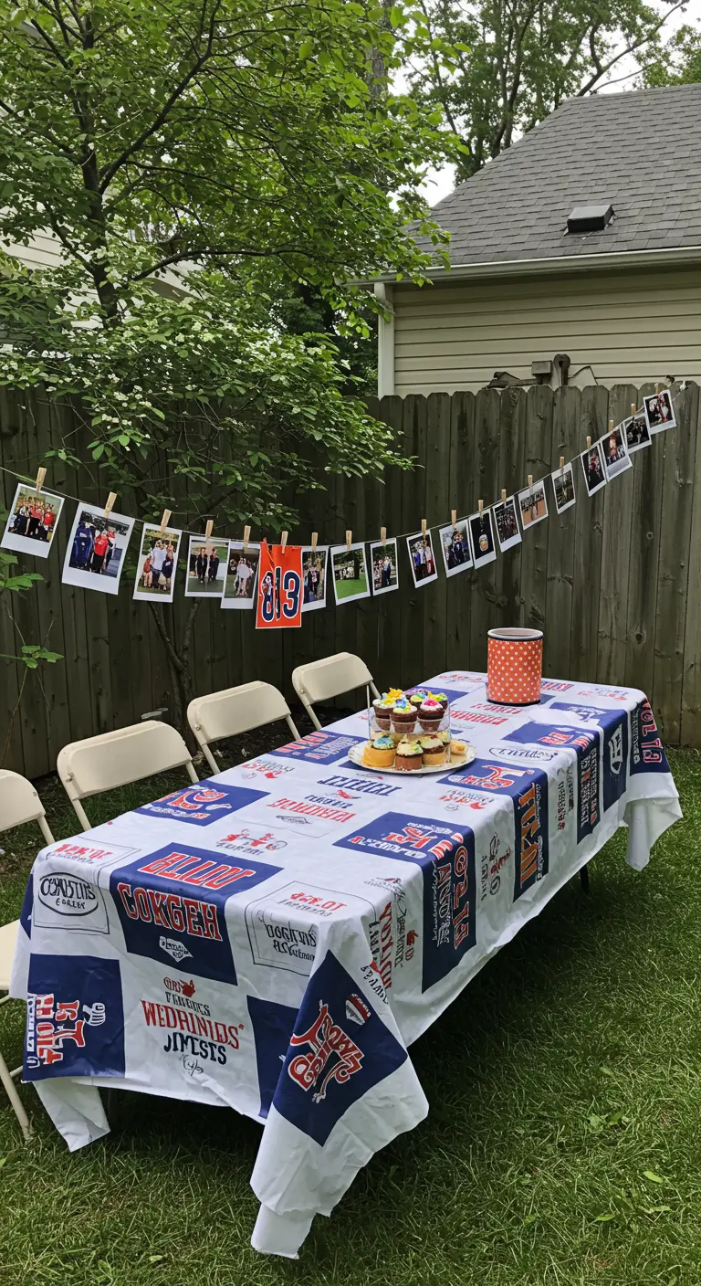 A tablecloth made from college t-shirts for an outdoor graduation party.