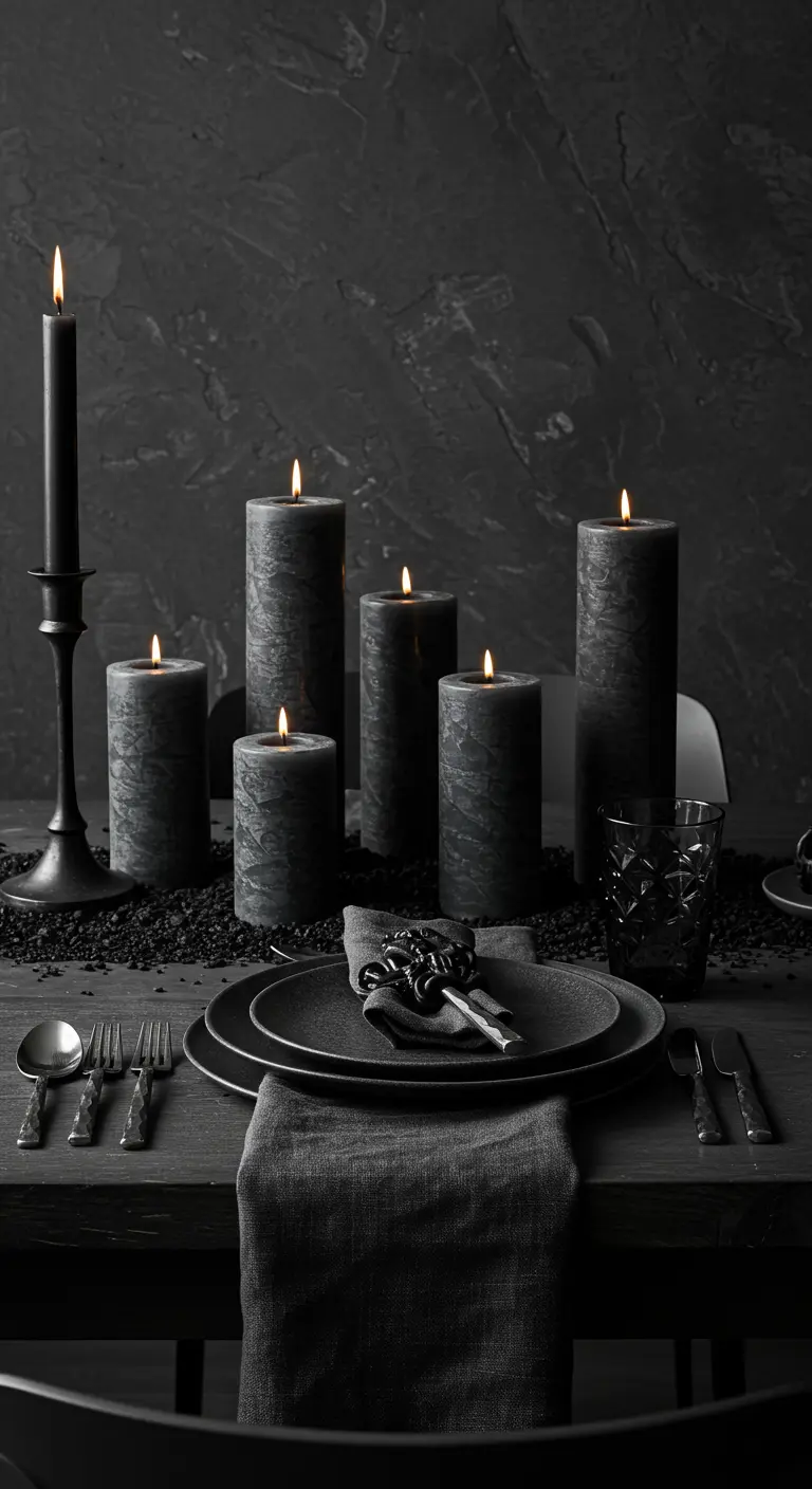 A tablescape with charcoal pillar candles, black sand runner, and a key on the napkin.