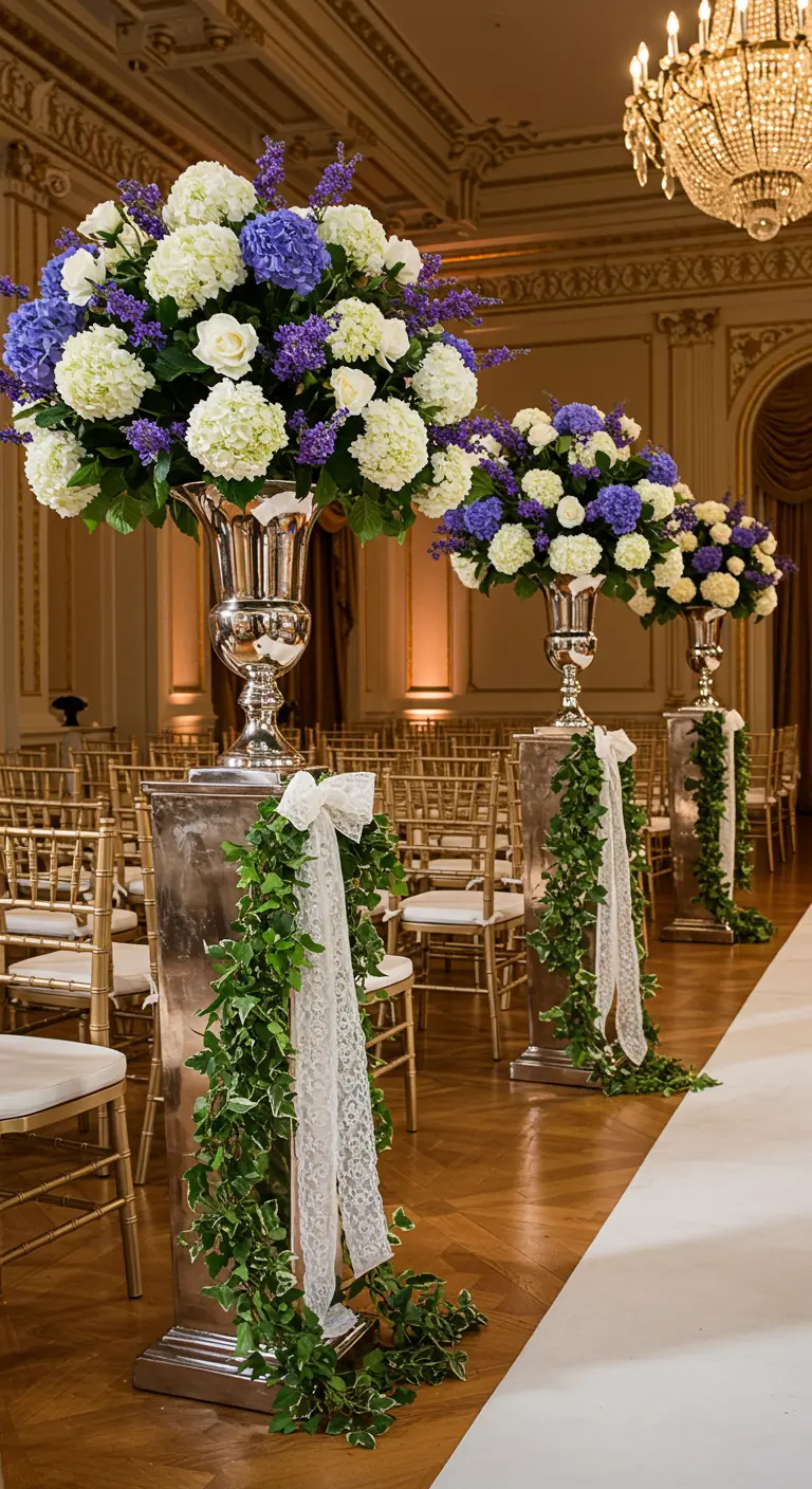 Elegant ballroom aisle with large floral urns on pedestals draped in ivy.