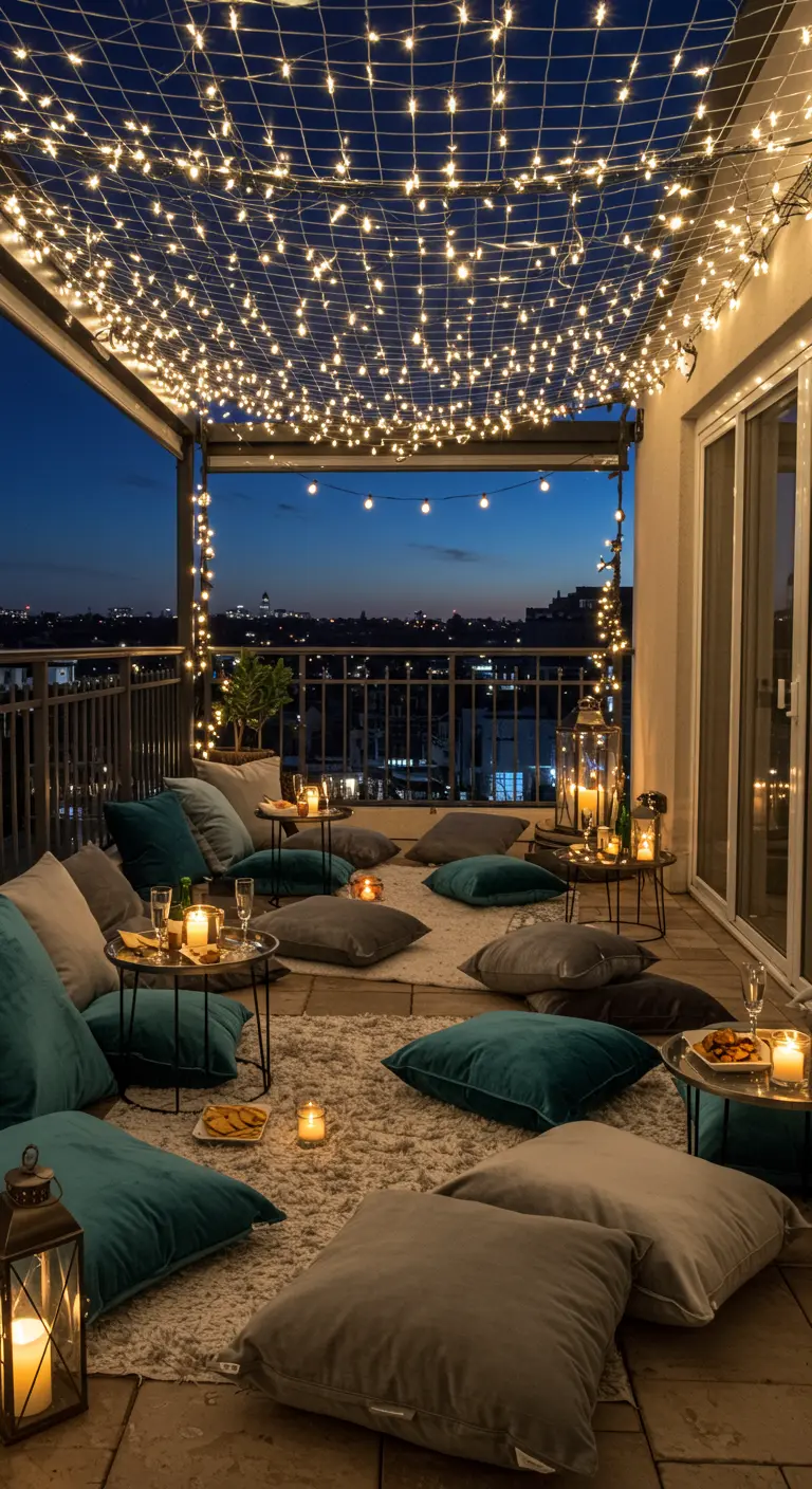 Large balcony with a dense fairy light canopy, multiple tables, and plush cushions.