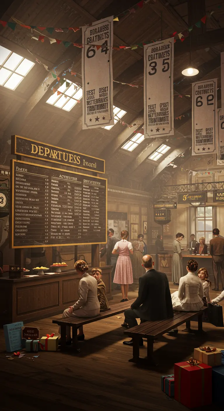 Party scene styled like a vintage train station with a large departure board.
