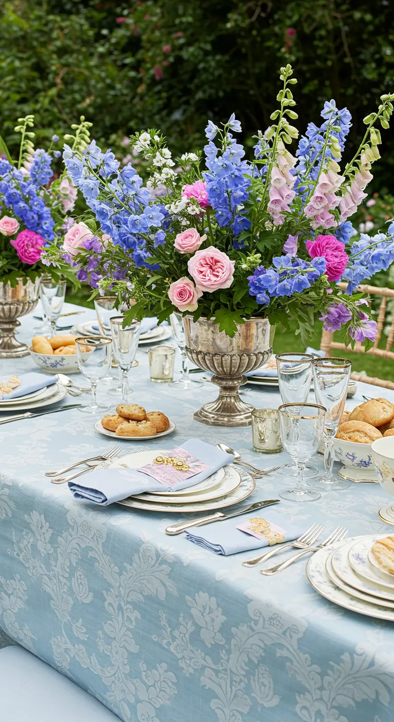 Formal garden party table with a blue damask cloth and a silver urn of tall flowers.