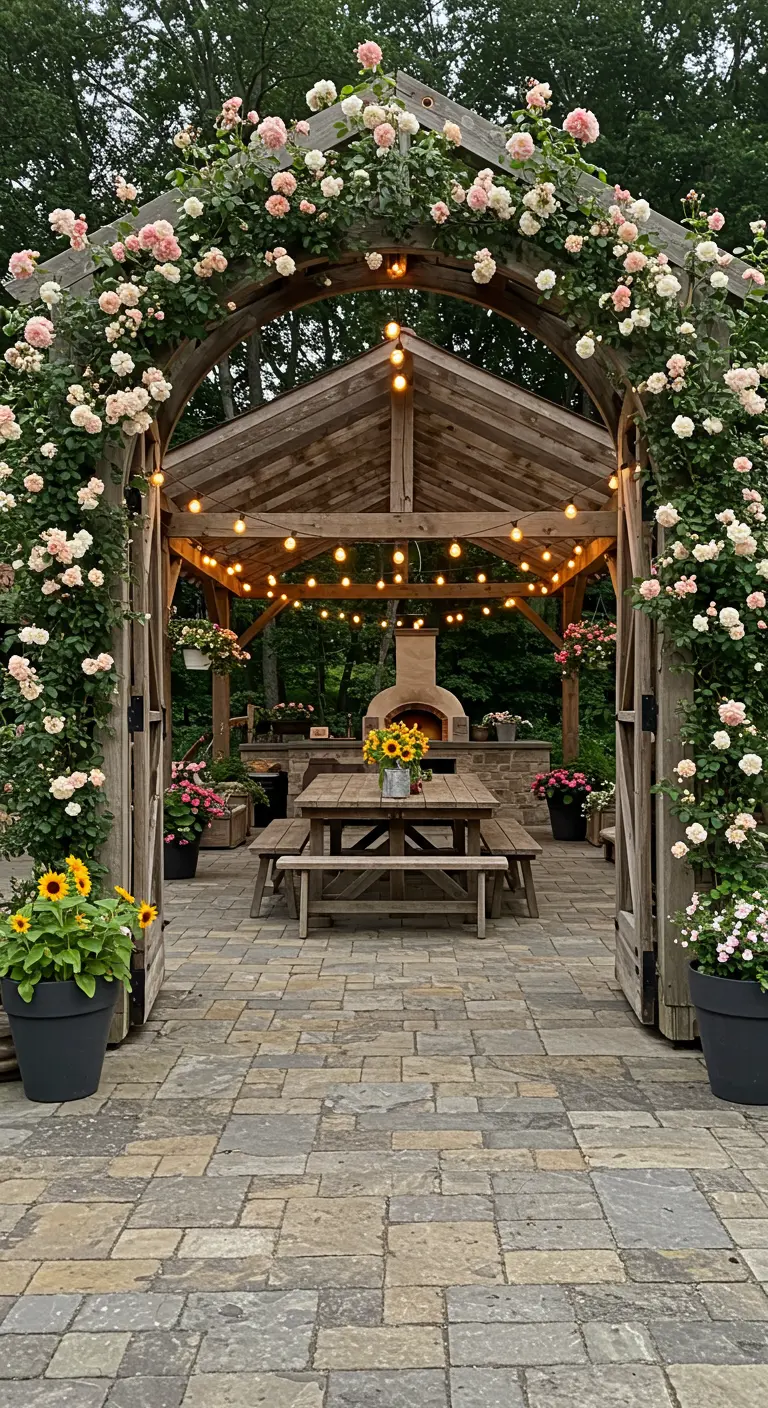 Wooden pergola arch with light pink climbing roses and string lights overlooking an outdoor kitchen.