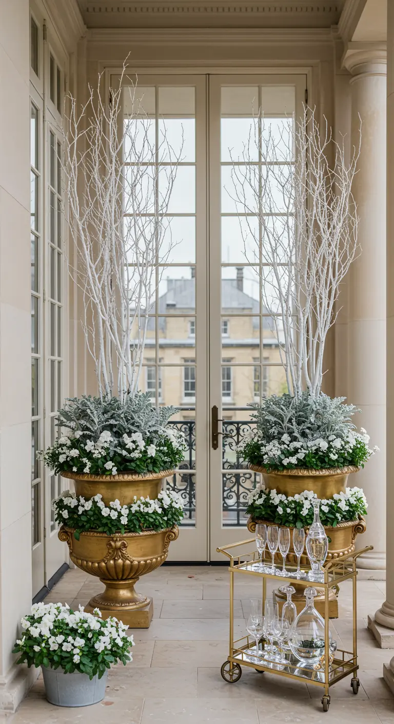 Grand gold urns with white branches, dusty miller, and white flowers flanking a glass door.