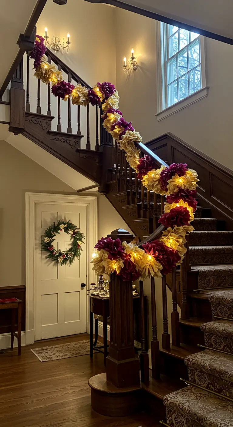 A grand staircase banister wrapped in a thick garland of lit-up crepe paper pom-poms.