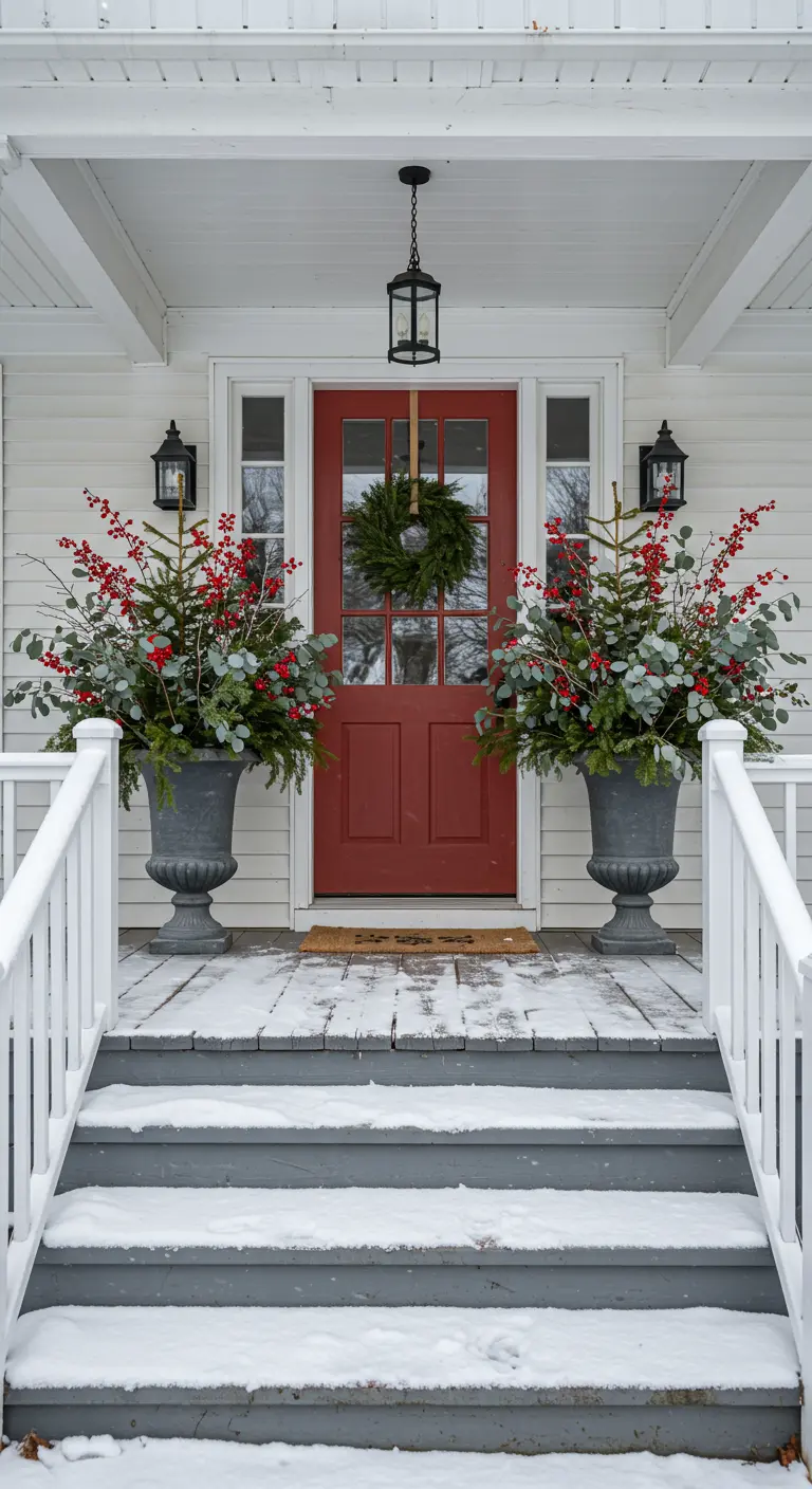 Two large grey urns with red berries and evergreen sprigs framing a red front door.