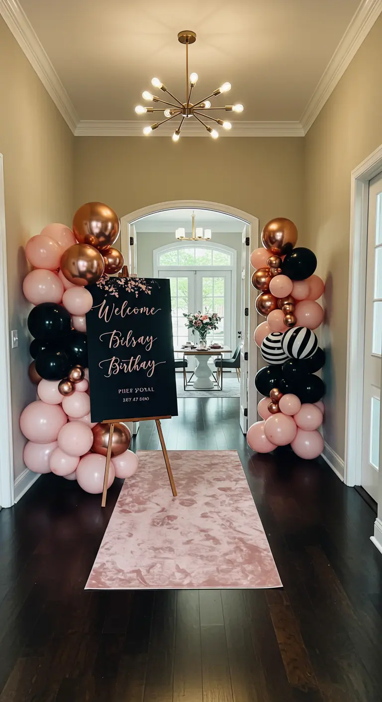 Hallway entrance with blush, black, and rose gold balloon columns and a welcome sign.