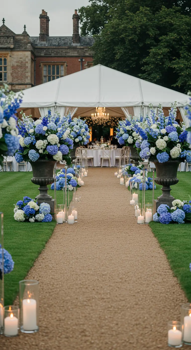 A manicured lawn path lined with blue hydrangea urns and candles.