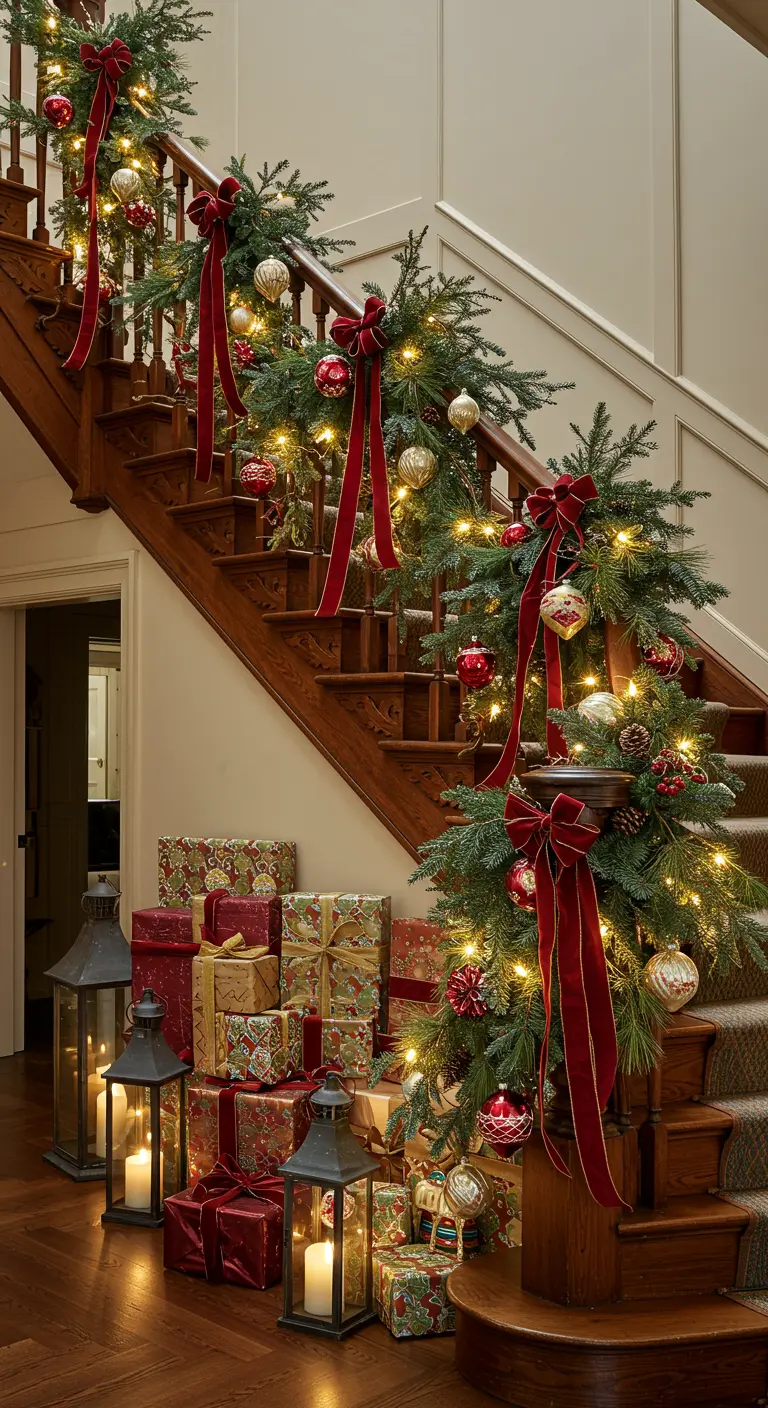 Classic staircase decorated with evergreen garland, red velvet bows, and gold and red ornaments.