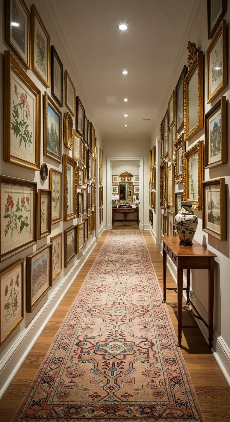 Long hallway with light walls, a runner rug, and extensive gallery walls of framed art on both sides.