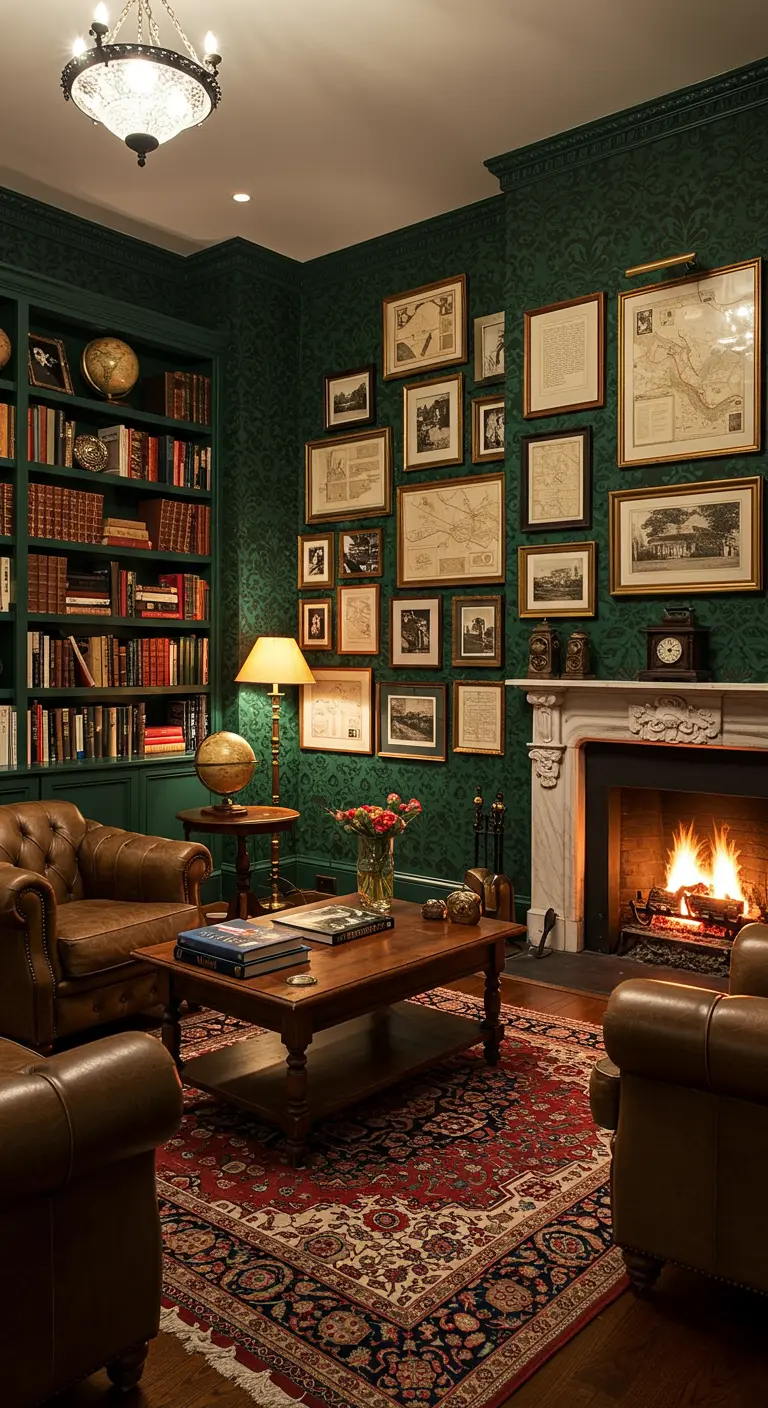Grand library with dark green walls, a fireplace, leather armchairs, and a large gallery wall.
