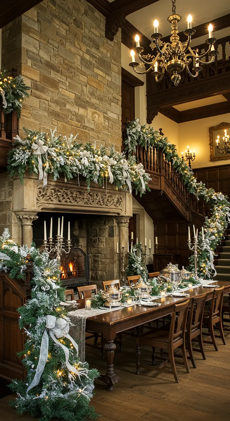 A grand wooden staircase and dining room decorated with flocked garlands, silver bows, and candelabras.