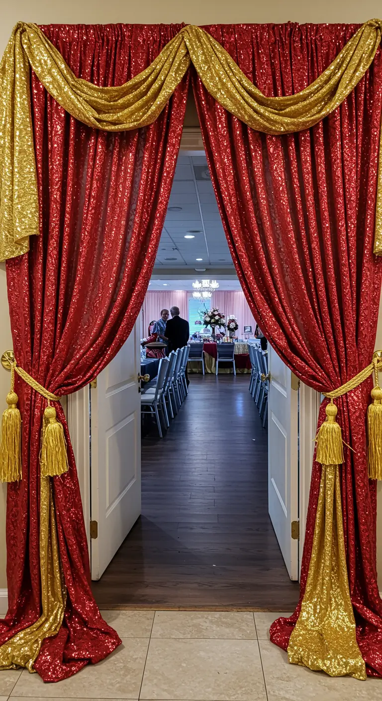 A doorway framed with dramatic red and gold sequin curtains, tied back with gold tassels.