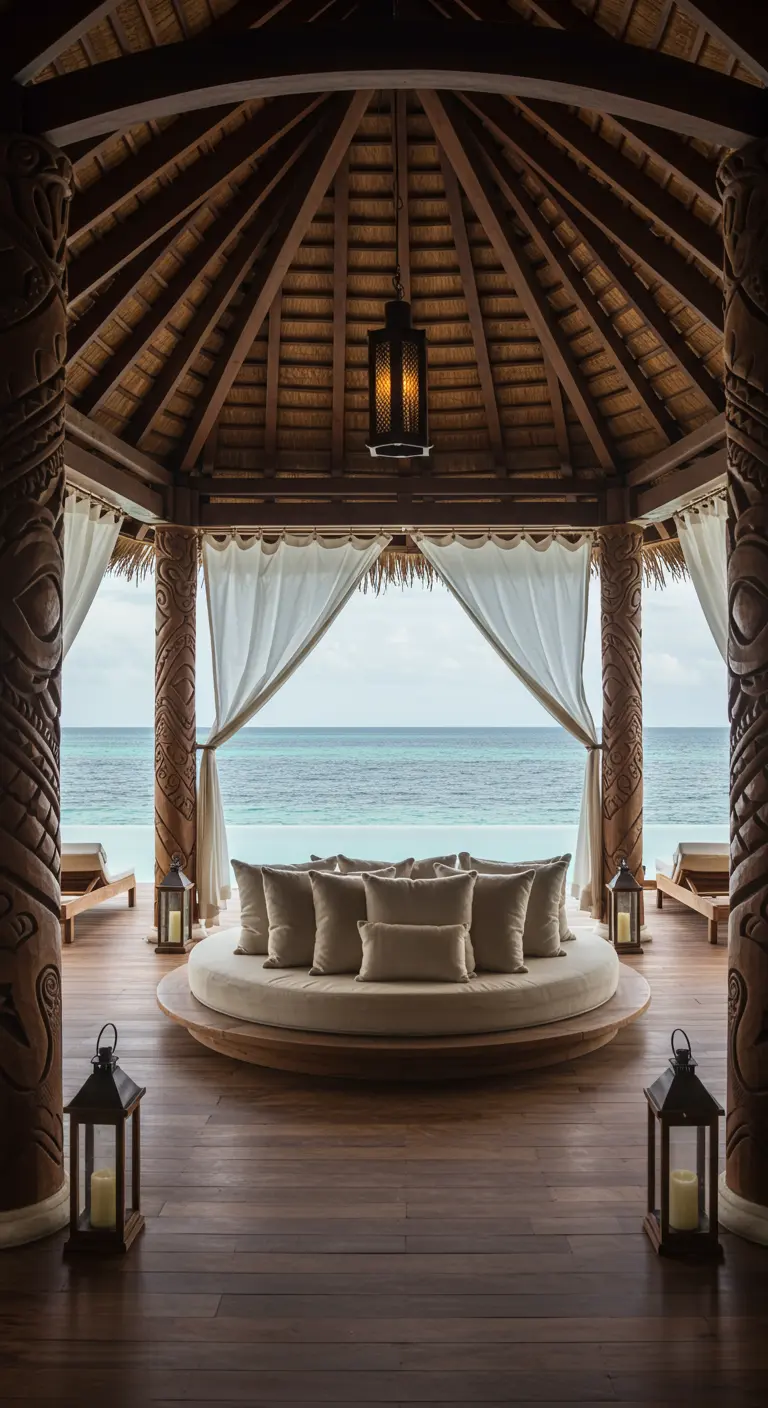 Large round daybed inside a wooden pavilion with carved columns overlooking the ocean.
