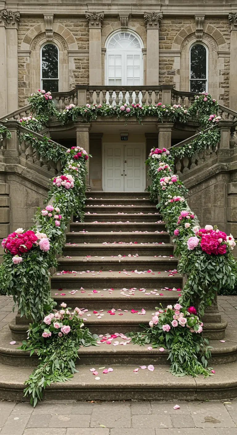 A grand stone staircase adorned with cascading pink peonies and lush greenery.