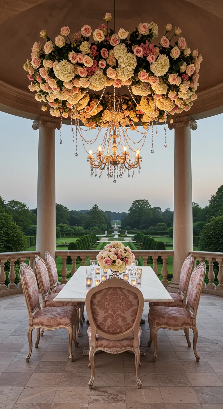 A massive, opulent chandelier of pink and white roses over a dining table on a grand terrace.