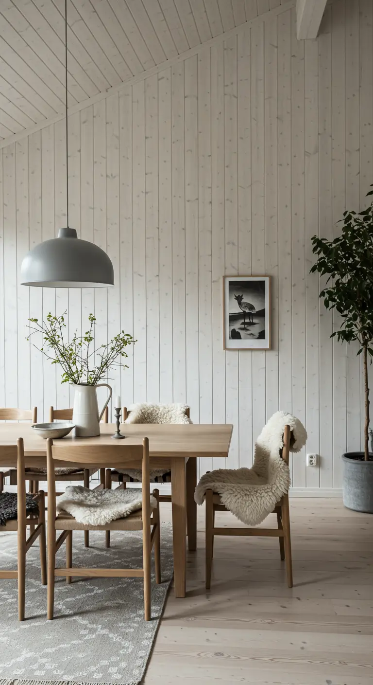 Light oak dining table with chairs draped in white sheepskin, under a large grey pendant light, against a white paneled wall.