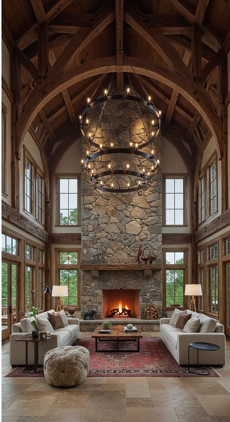 A great room with a very high wood ceiling and a massive stone fireplace.