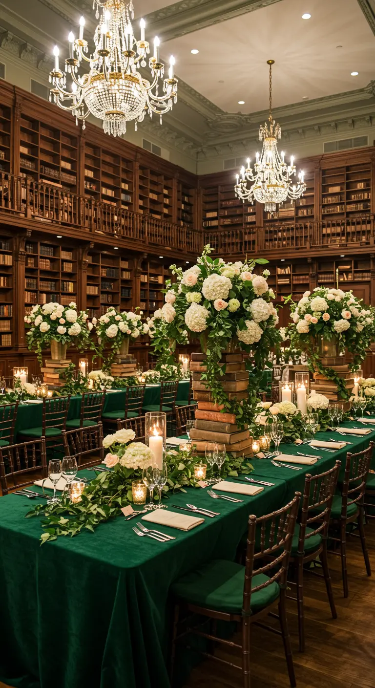 Grand library reception with emerald green tables and tall floral bookstack centerpieces.