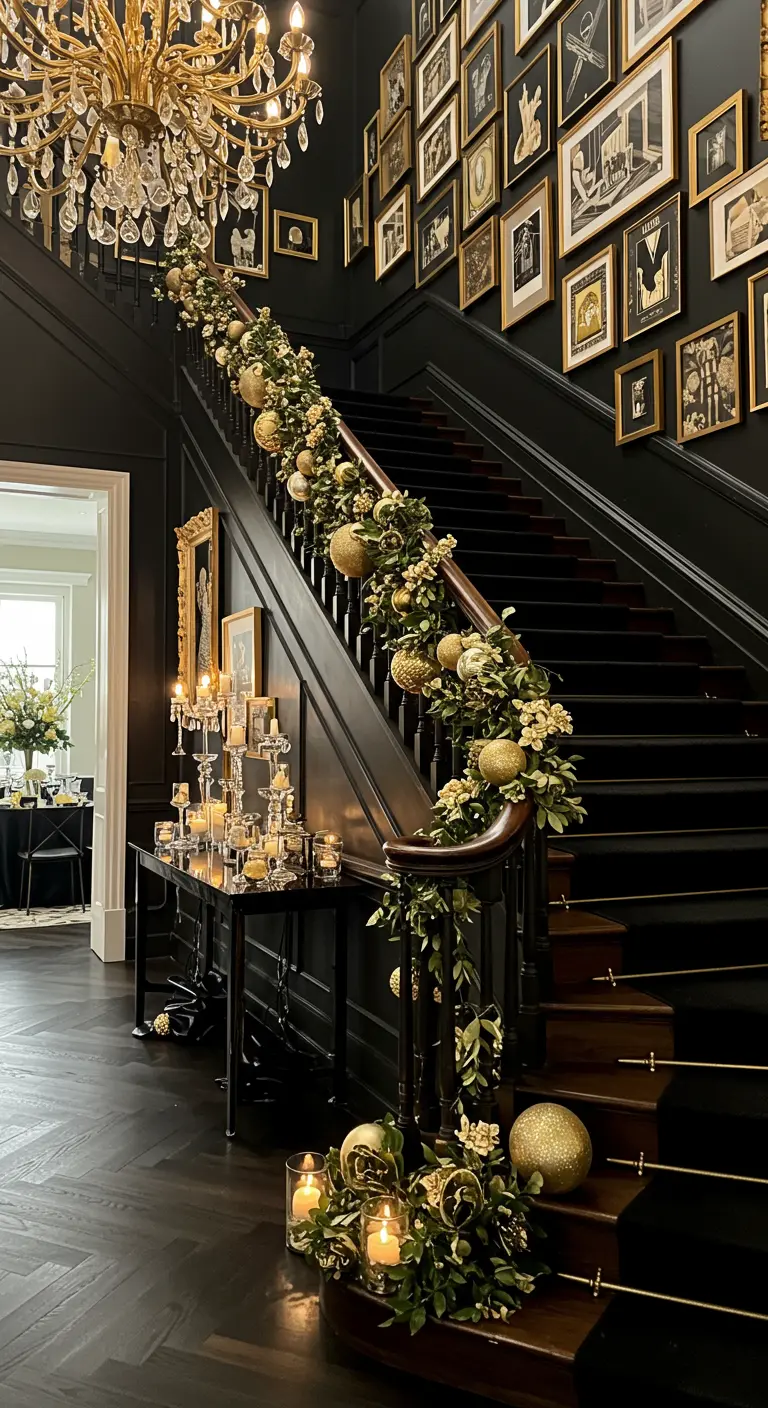A grand staircase with a black banister decorated with a lush garland of greenery and gold ornaments.