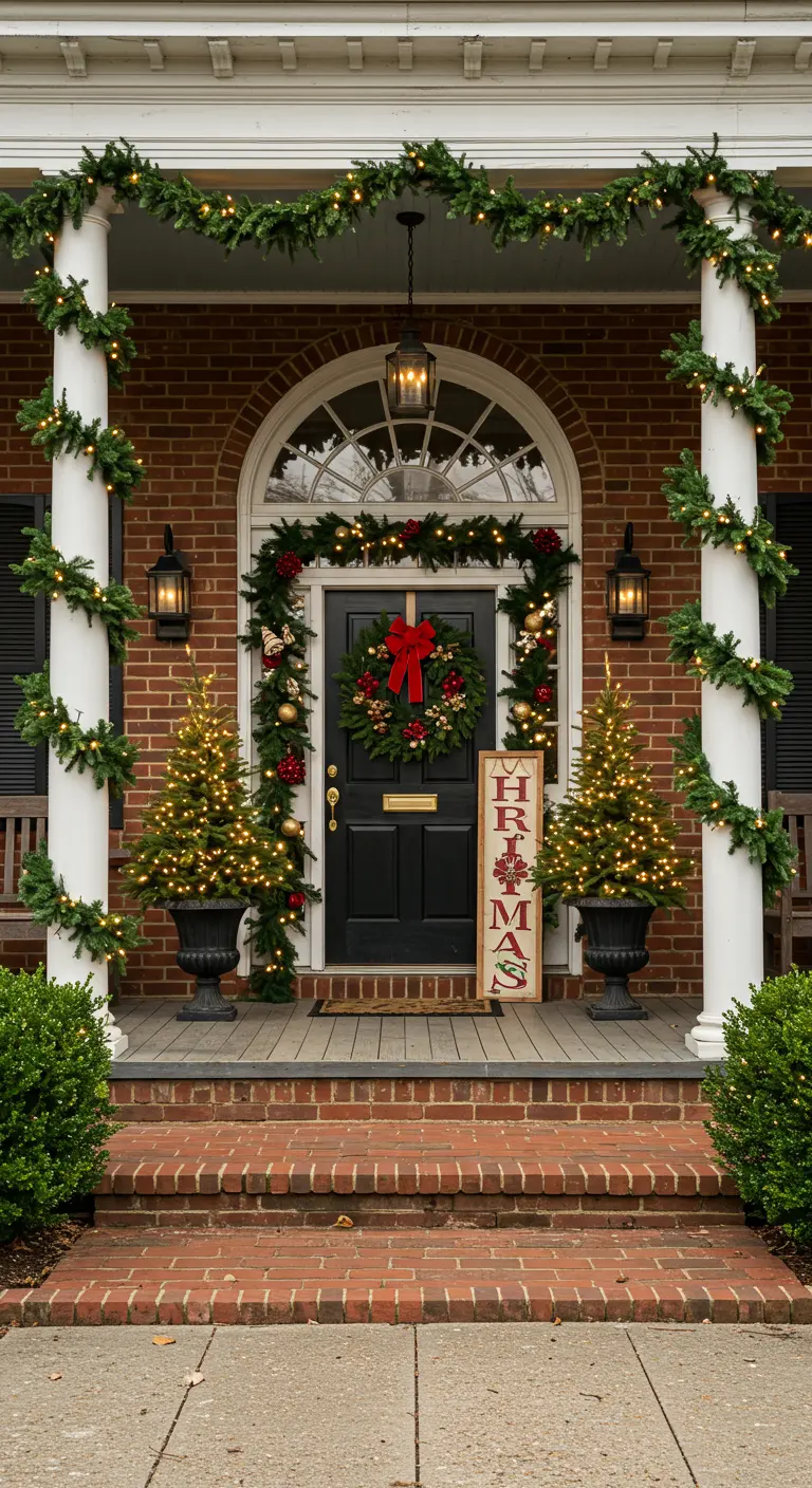 Traditional Christmas porch with garlands, wreaths, and two mini trees in urns.