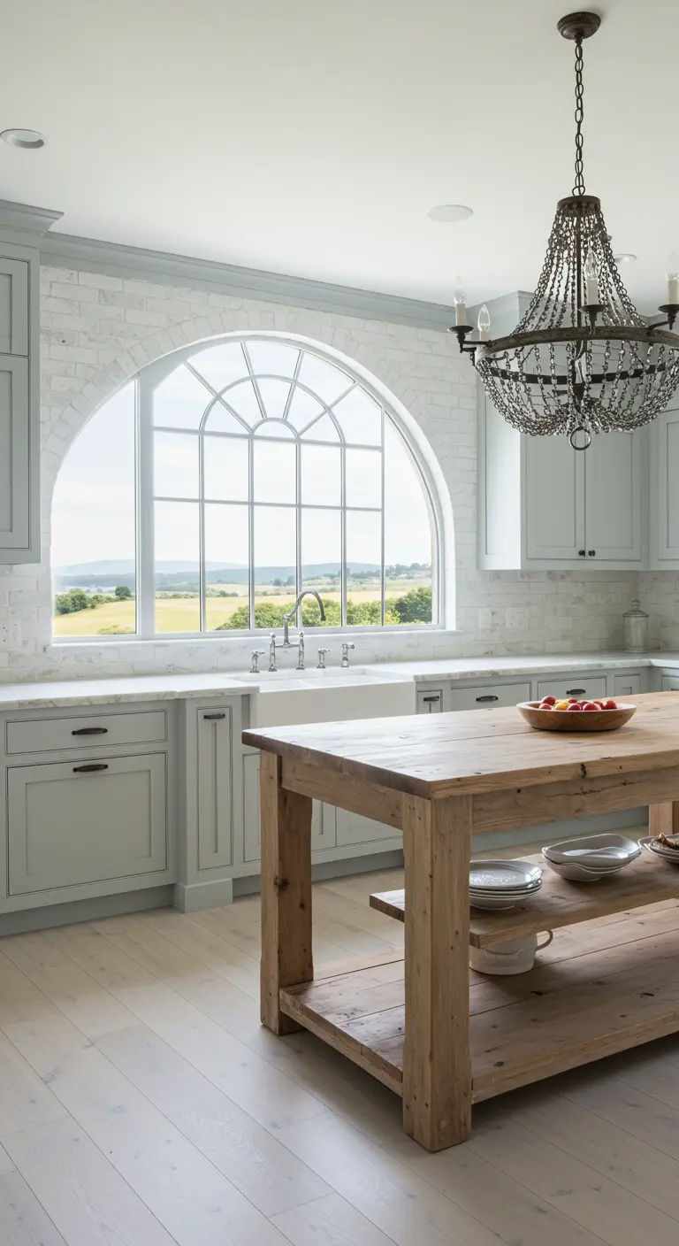 A large Country French kitchen with light blue cabinets, a grand arched window, and a rustic wood island.