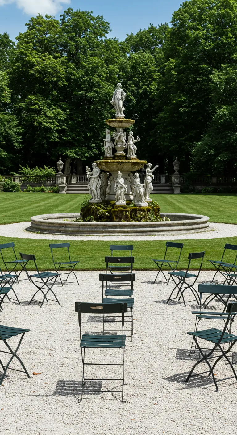 Ornate, multi-tiered fountain in a large lawn with rows of green chairs.