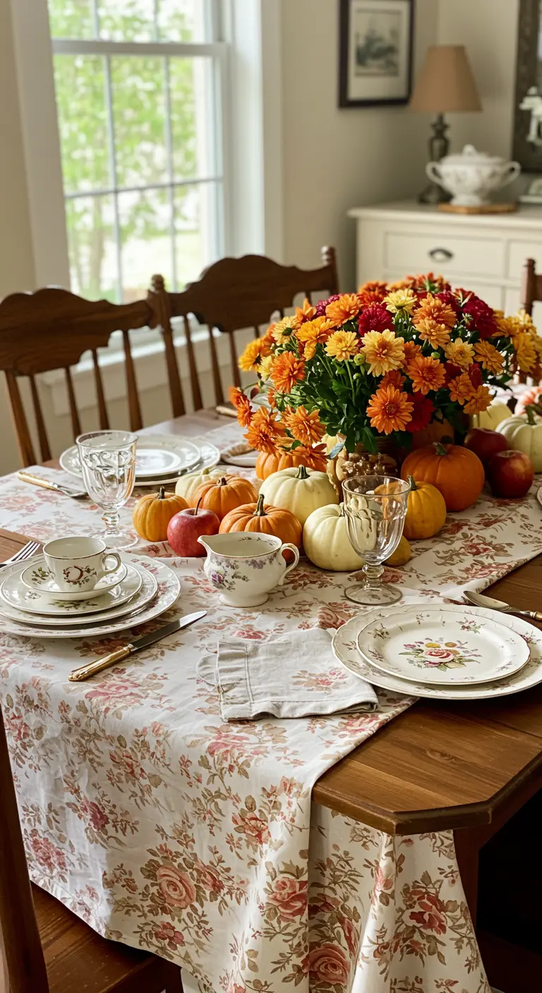 A Thanksgiving table set with vintage floral china, a matching tablecloth, and a large mum centerpiece.