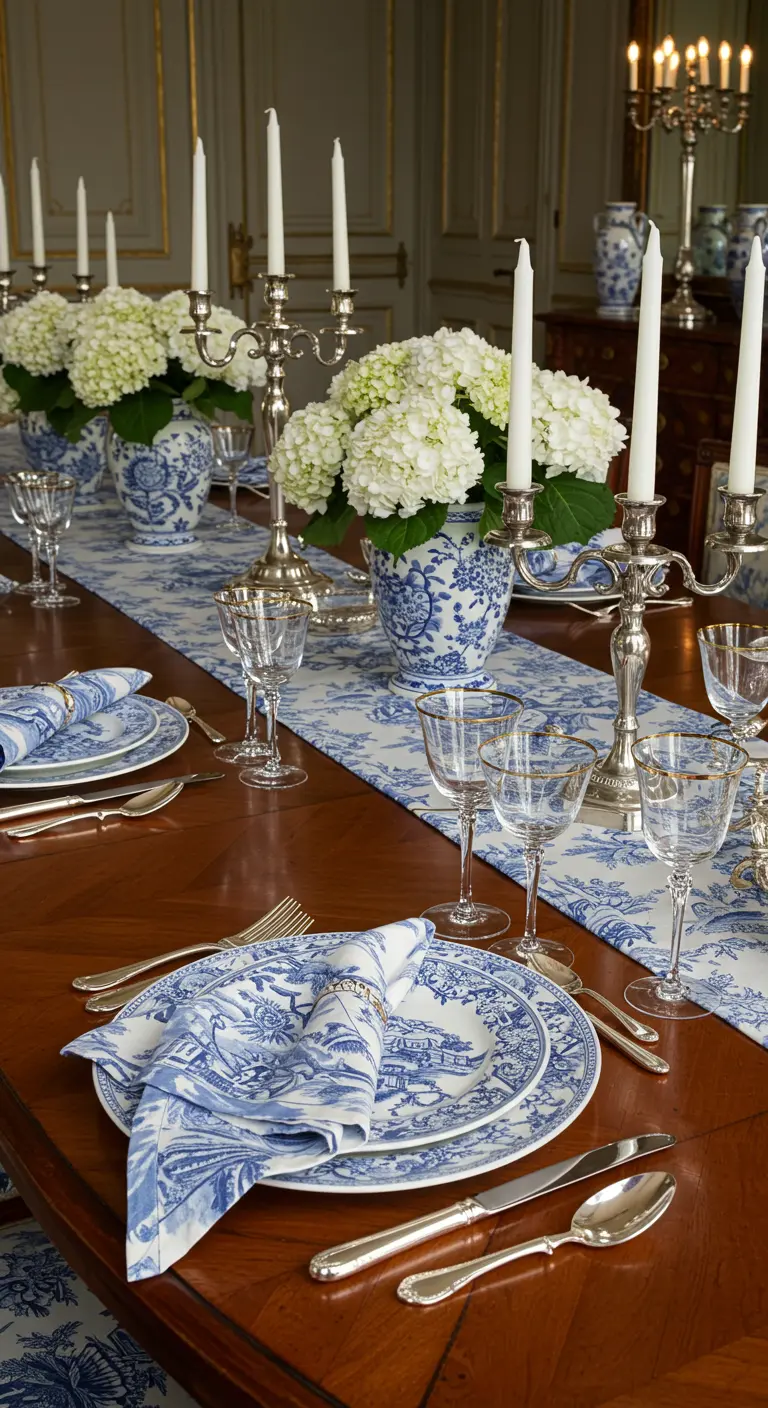 Formal dining table with blue and white toile, silver candelabras, and hydrangeas.
