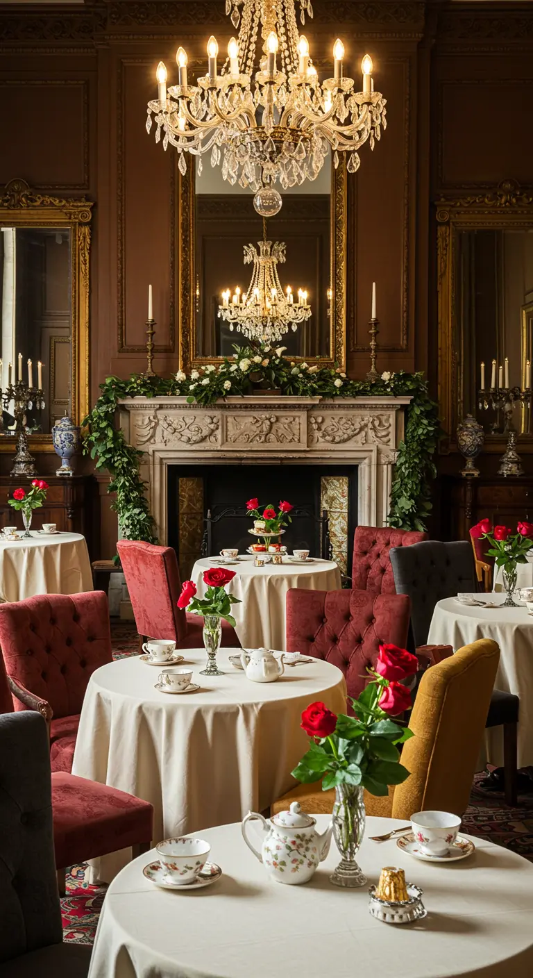 An elegant, dimly lit room with round tables set for tea and a grand fireplace.