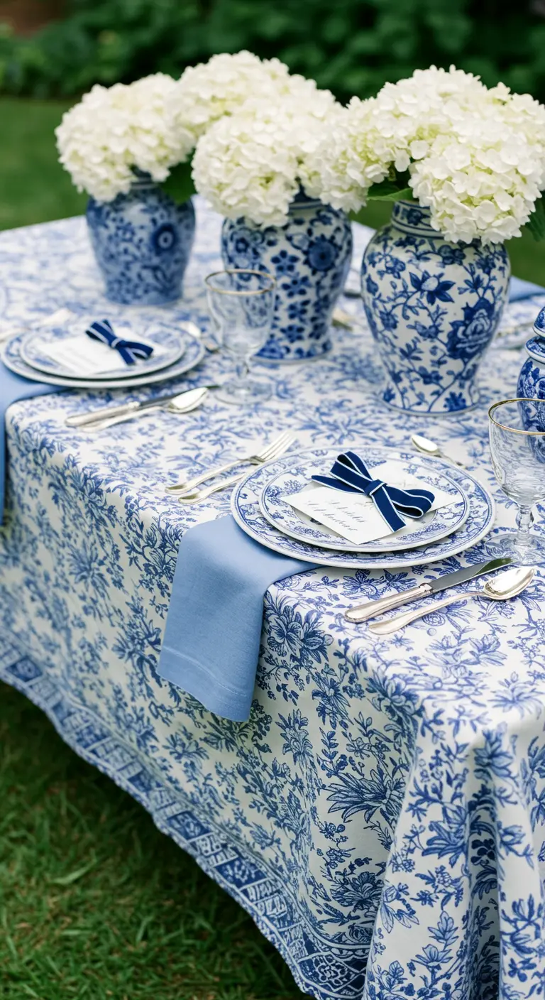A blue-and-white themed table with a floral tablecloth and ginger jars holding hydrangeas.