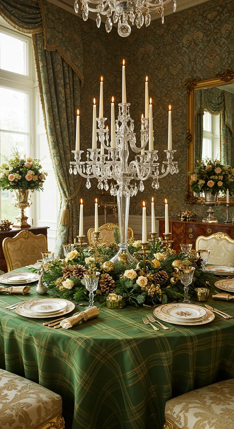 Opulent dining table with a large crystal candelabra, plaid tablecloth, and evergreen-rose garland.