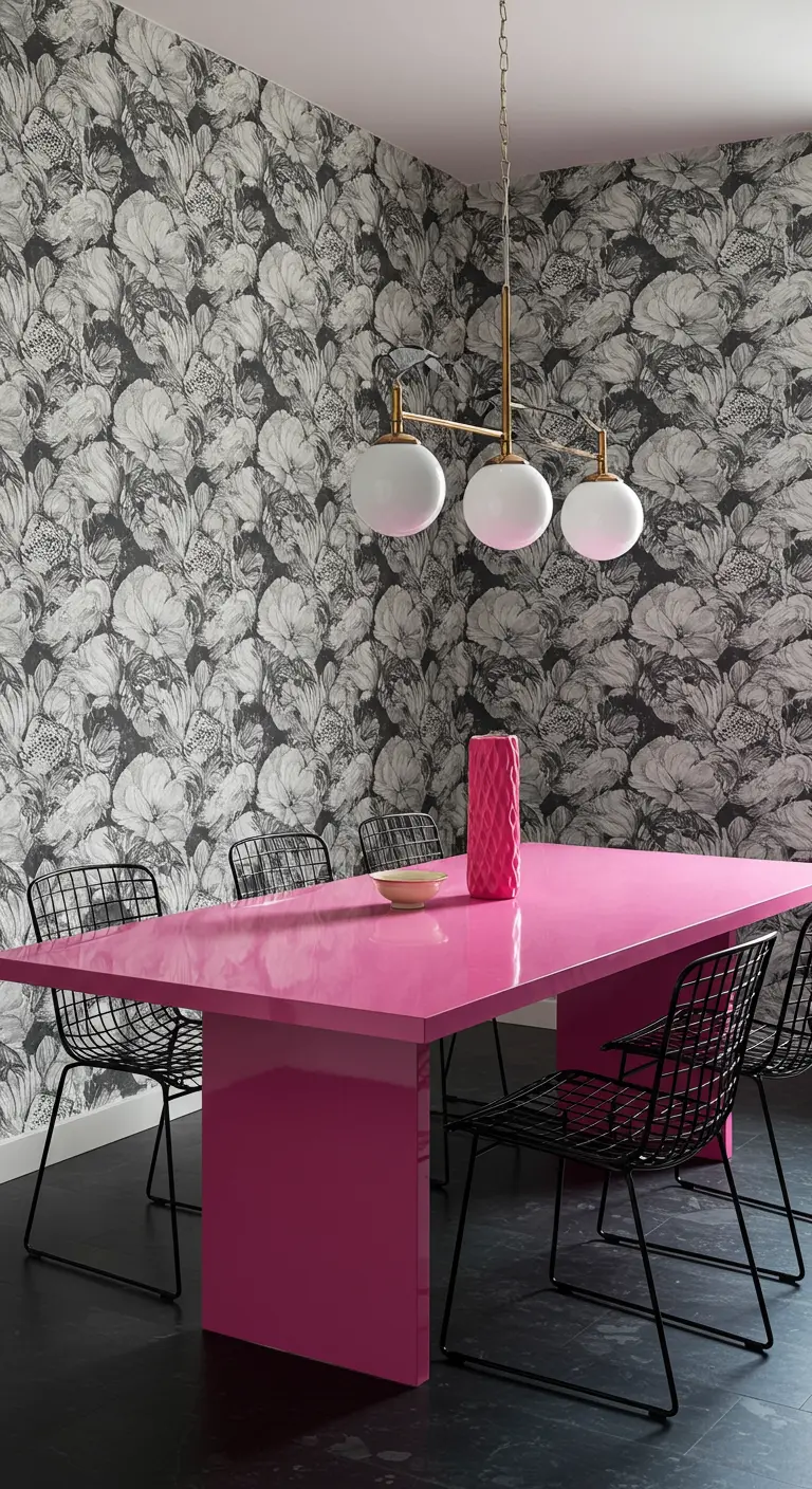 Dining room with black and white floral wallpaper and a bright pink rectangular table.