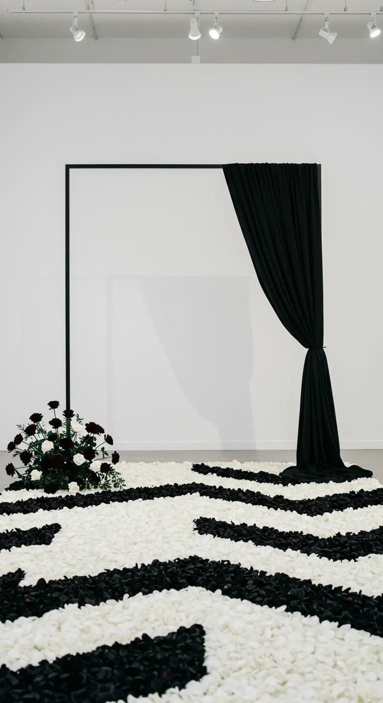 Modern black and white wedding decor with a black arch and a striped petal aisle.