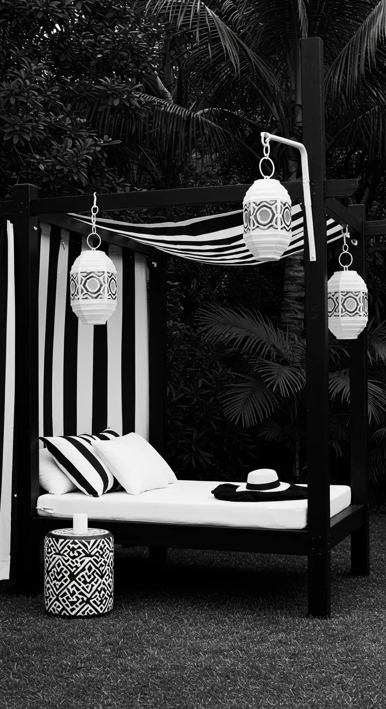 Black-and-white striped daybed with white cushions and geometric paper lanterns.