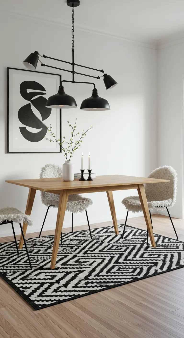 Oak dining table with modern chairs, some with white sheepskin, on a black and white geometric rug under a black chandelier.