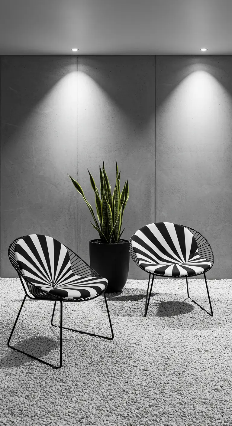 Two black wireframe chairs with black-and-white striped cushions on white gravel against a concrete wall.