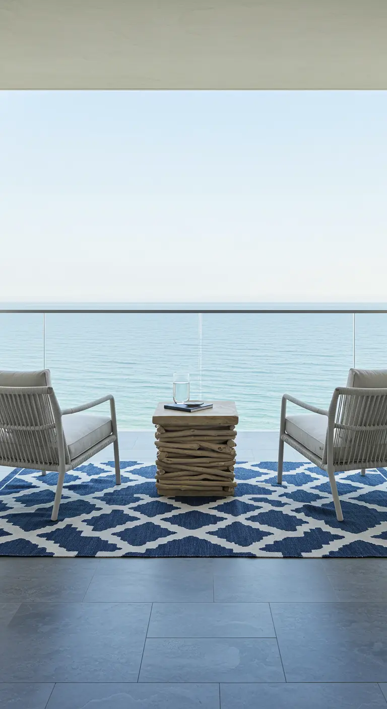 Two white woven chairs and a driftwood table on a bold blue and white geometric outdoor rug.