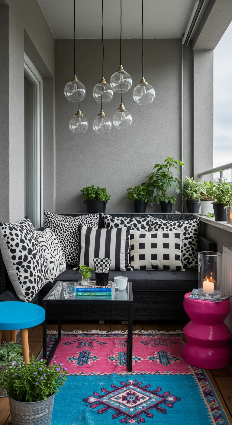 A balcony with black and white graphic pillows, a bright pink and blue rug, and modern decor.