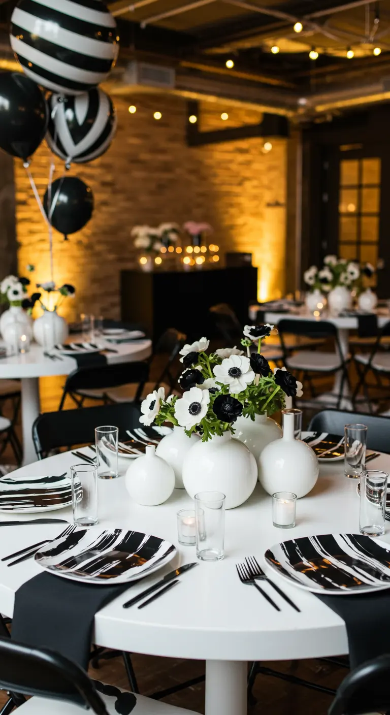 Black and white party table with striped balloons and anemone centerpieces.