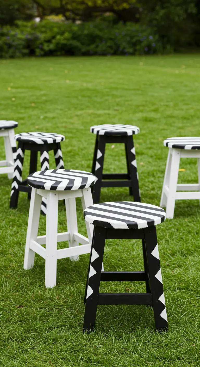 Stools painted with bold black-and-white geometric patterns, like stripes and chevrons, on a lawn.