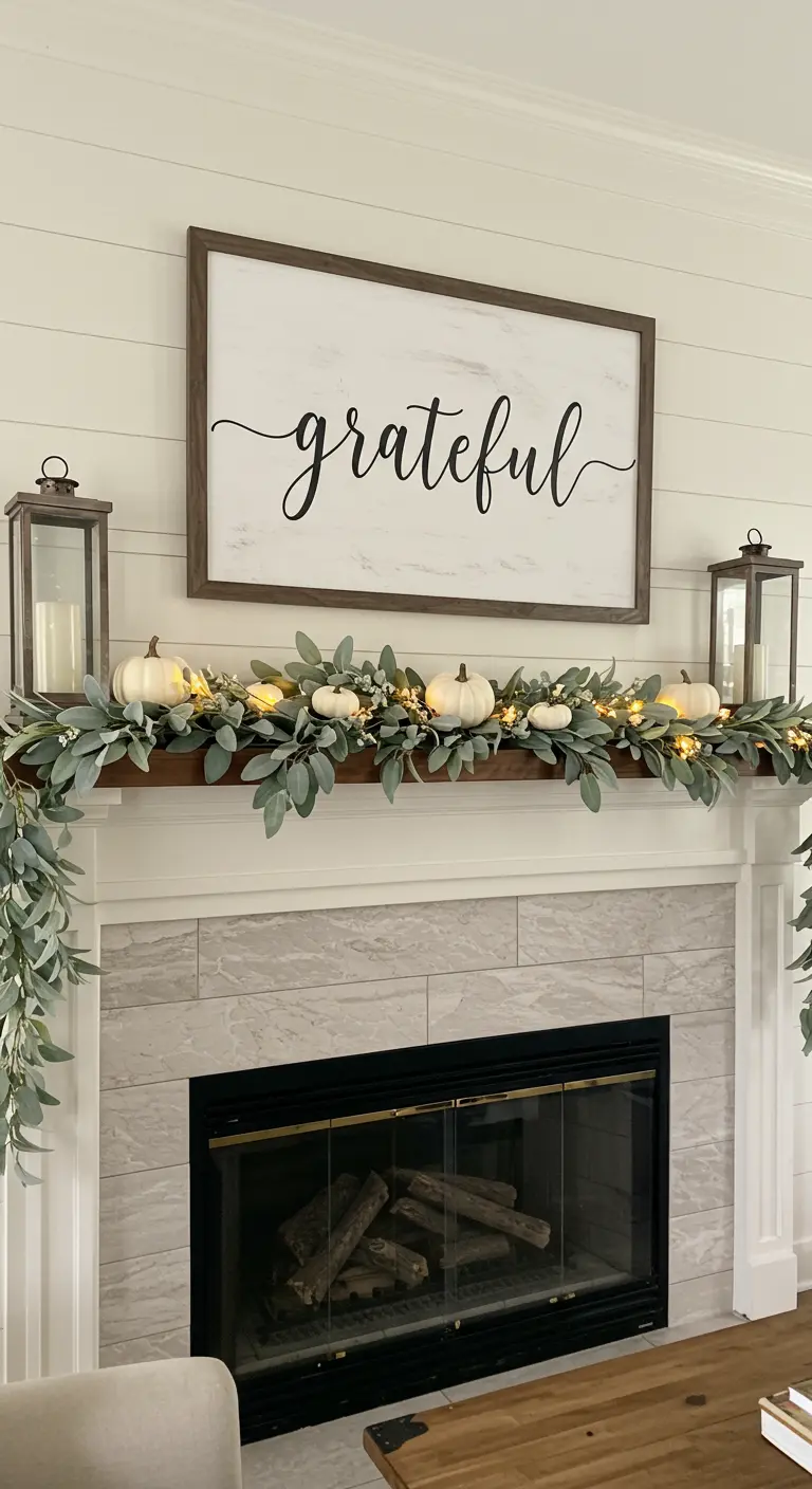 Modern farmhouse mantel with a eucalyptus garland and white pumpkins.