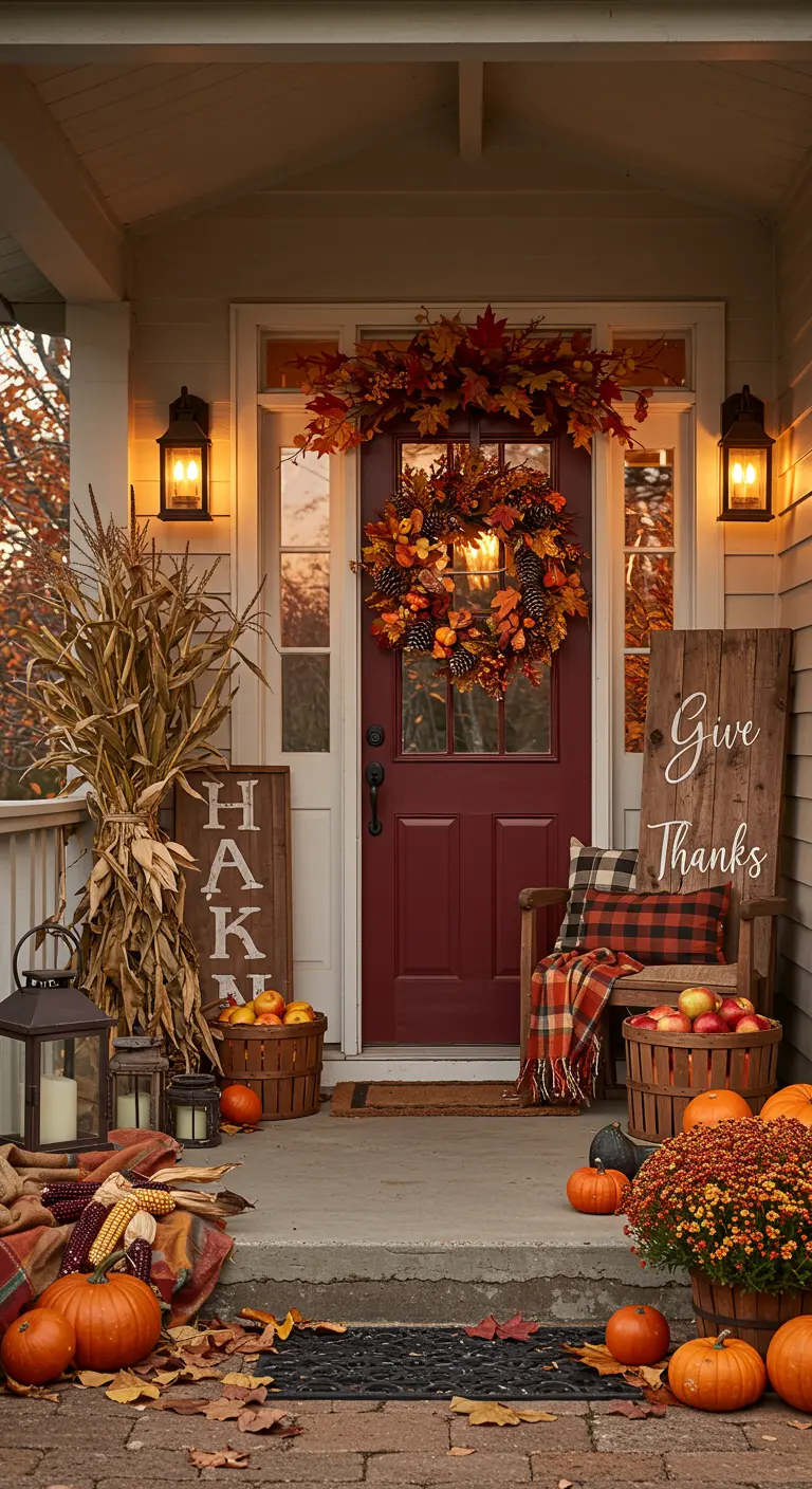 Thanksgiving porch with corn stalks, pumpkins, and a 