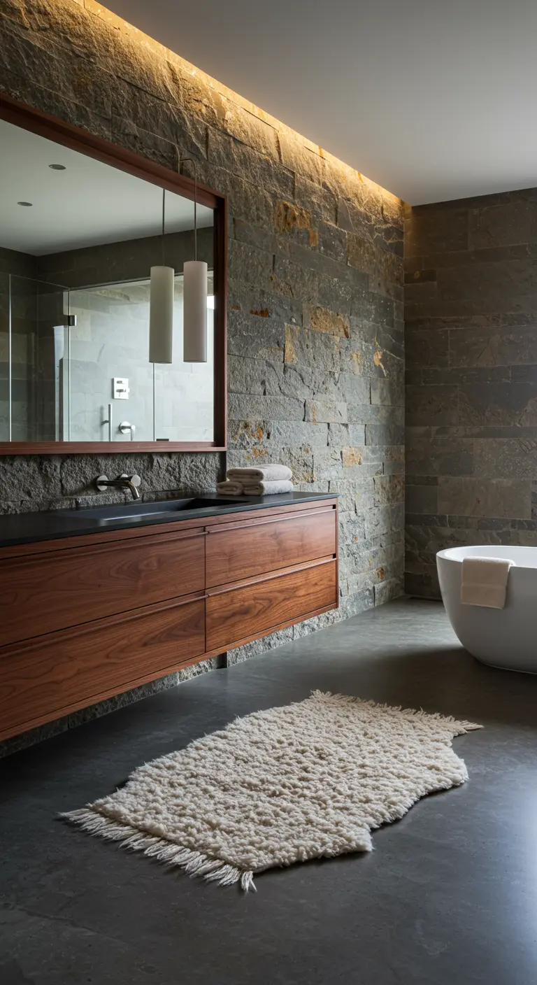 A stacked stone accent wall in a bathroom illuminated by cove lighting.