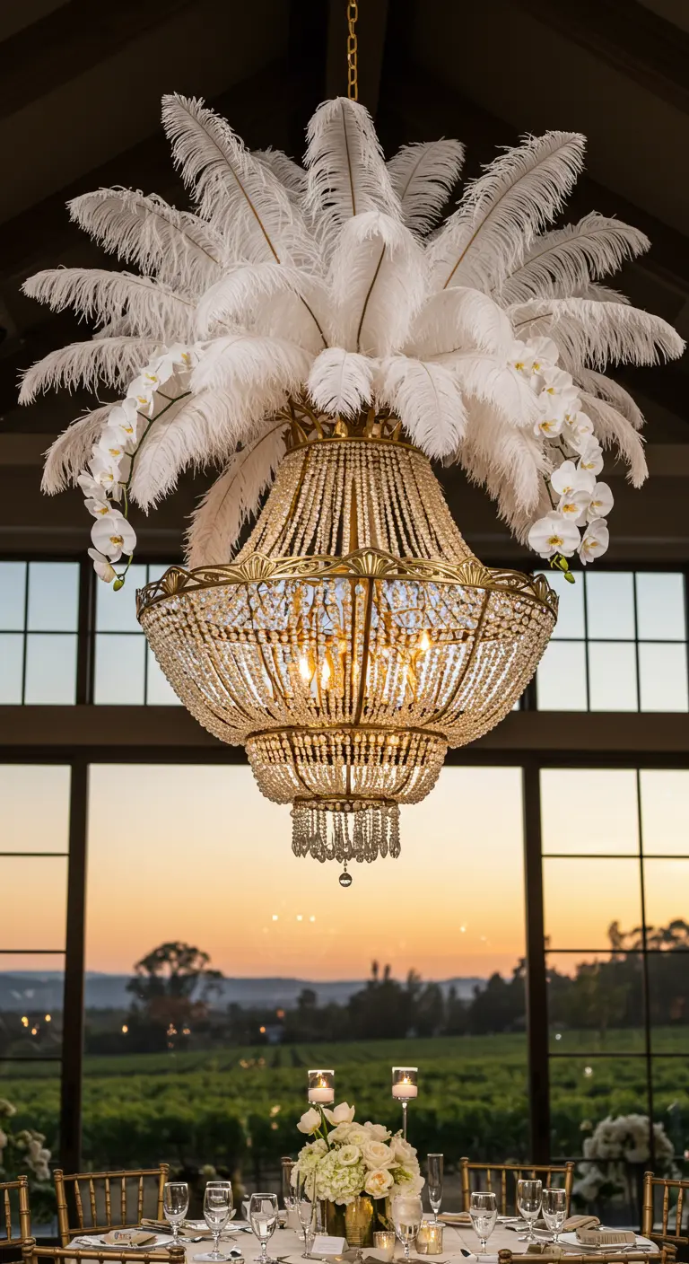 A grand crystal chandelier topped with a flourish of white ostrich feathers and orchids.