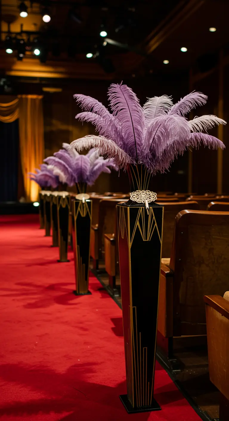Art Deco vases with lavender ostrich feathers lining a red carpet aisle.